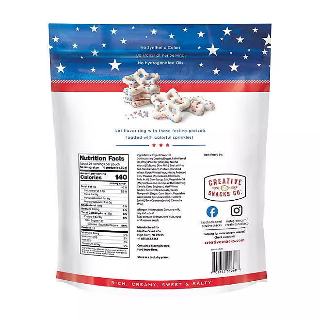 Creative Snacks Co. Stars & Stripes Yogurt Flavored Dipped Pretzels, 22 oz.