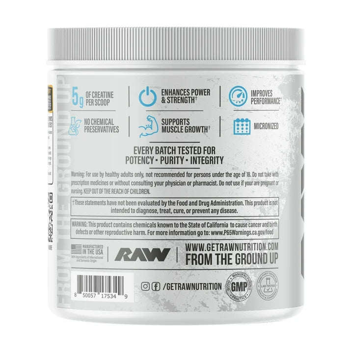 RAW Nutrition Essential 100% Pure Creatine Monohydrate Powder, Unflavored, 8.81 oz, 50