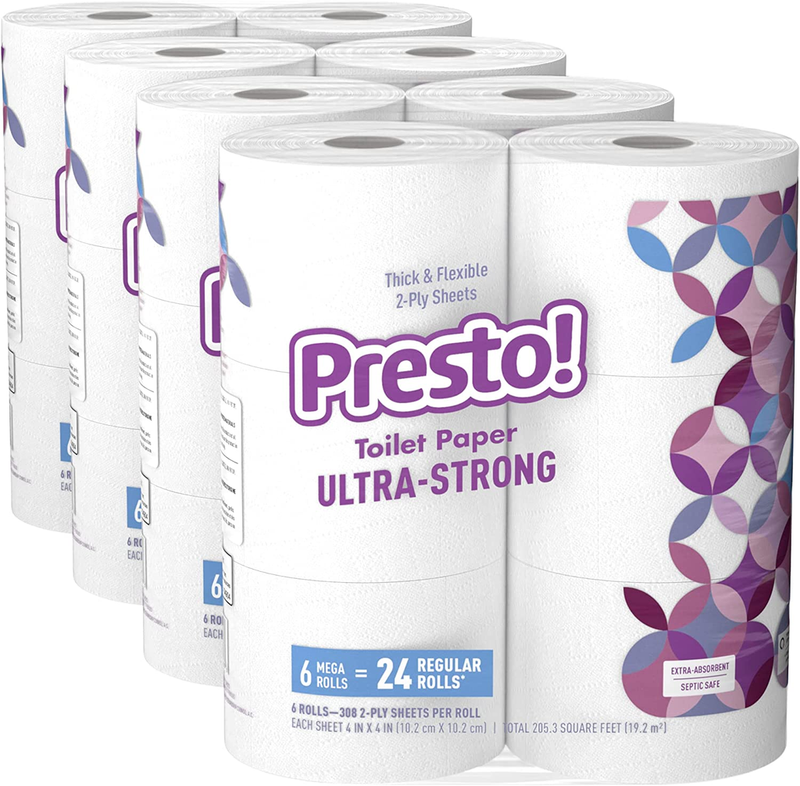 Presto! 308-Sheet Mega Roll Toilet Paper, Ultra-Strong, 6 count (pack of 4), 24 Count=96 regular rolls