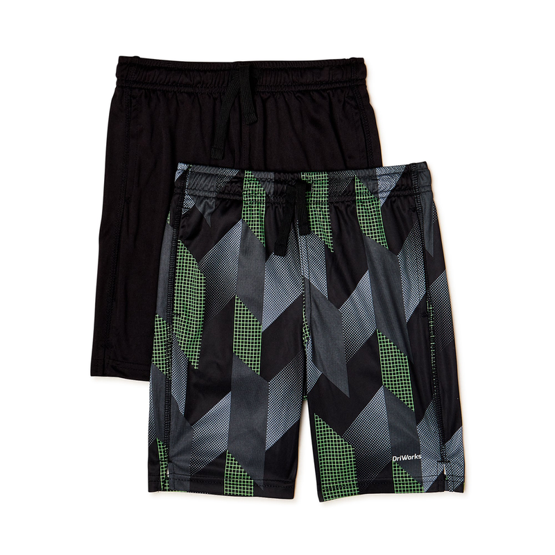 Athletic Works Boys Shorts, 2-Pack Black Aop/Rich Black