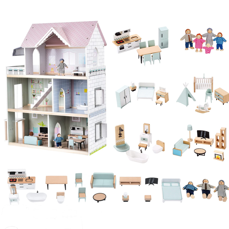 Giant Bean Wooden Dollhouse 2.6 feet High with Elevator, Doorbell, Light,15 Pieces Furnitures and 3 Dolls, Toy Gift for Girls Ages 3-7+