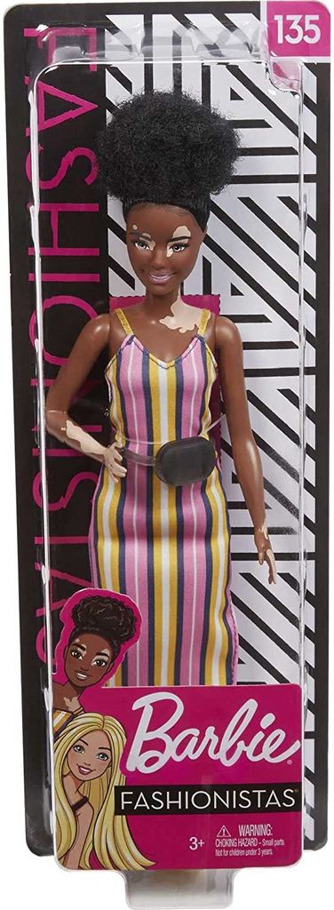 Barbie Fashionistas Doll no.135 with Vitiligo and Curly Brunette Hair Wearing Striped Dress and Accessories