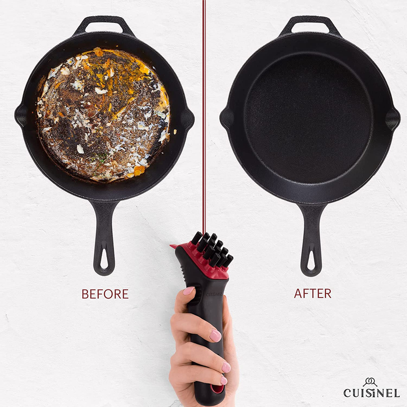 Cast Iron Scrubber Cleaning Brush + Pan/Grill Scraper - Skillet and Grill Cleaner Kit - Soft-Touch Confident-Grip Dish Scrub Tool - Bristles are Tough on Grease, Gentle on Metal and Non-Stick Cookware