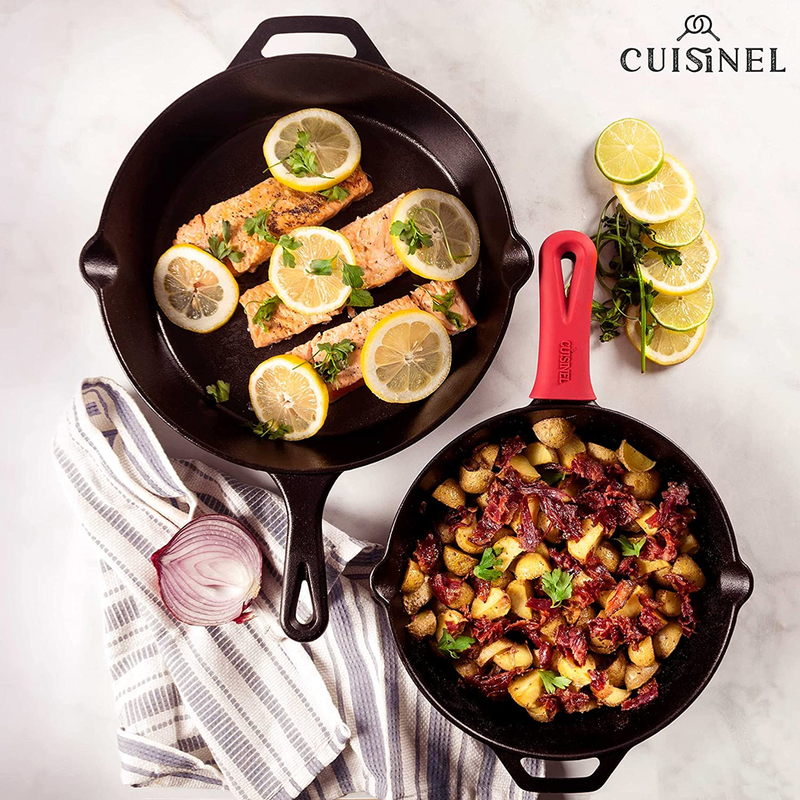 Cast Iron Skillets - Pre-Seasoned 2-Piece Pan Set: 10" + 12"-Inch + 2 Heat-Resistant Silicone Handle Covers - Dual Handle Helpers - Oven Safe Cookware - Indoor/Outdoor, Grill, Stovetop, Induction Safe