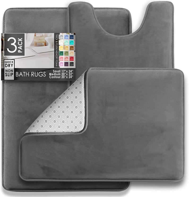 Clara Clark Bathroom Rugs, Velvet Memory Foam Bath Mat (3 Piece Gray Set)