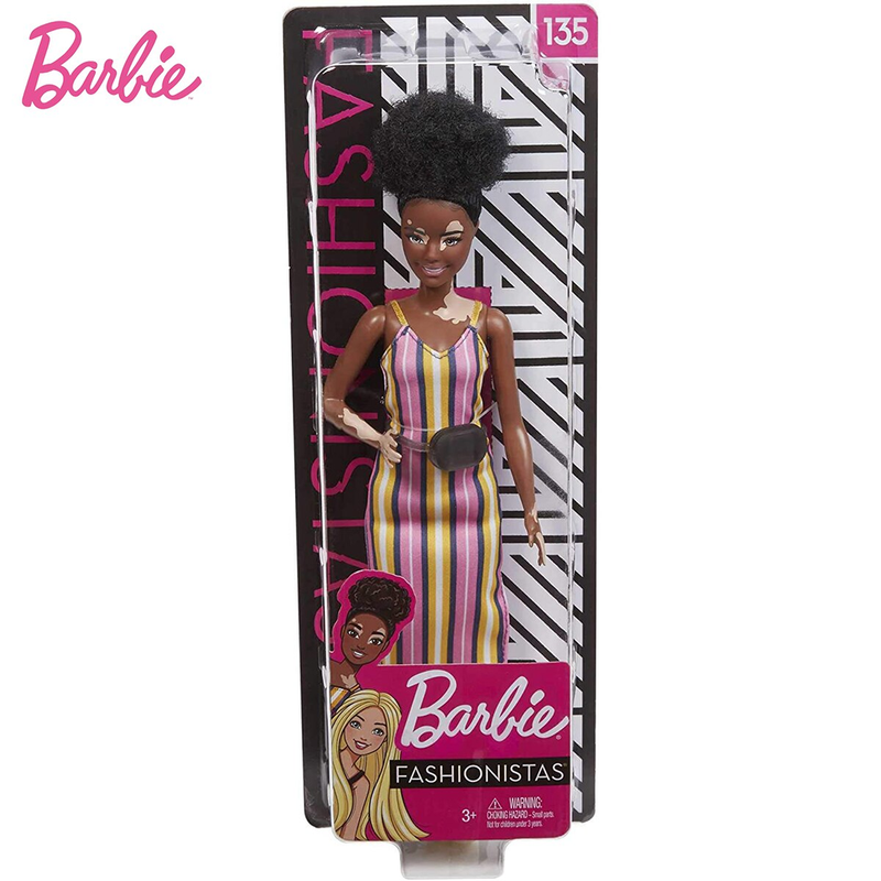 Barbie Fashionistas Doll no.135 with Vitiligo and Curly Brunette Hair Wearing Striped Dress and Accessories