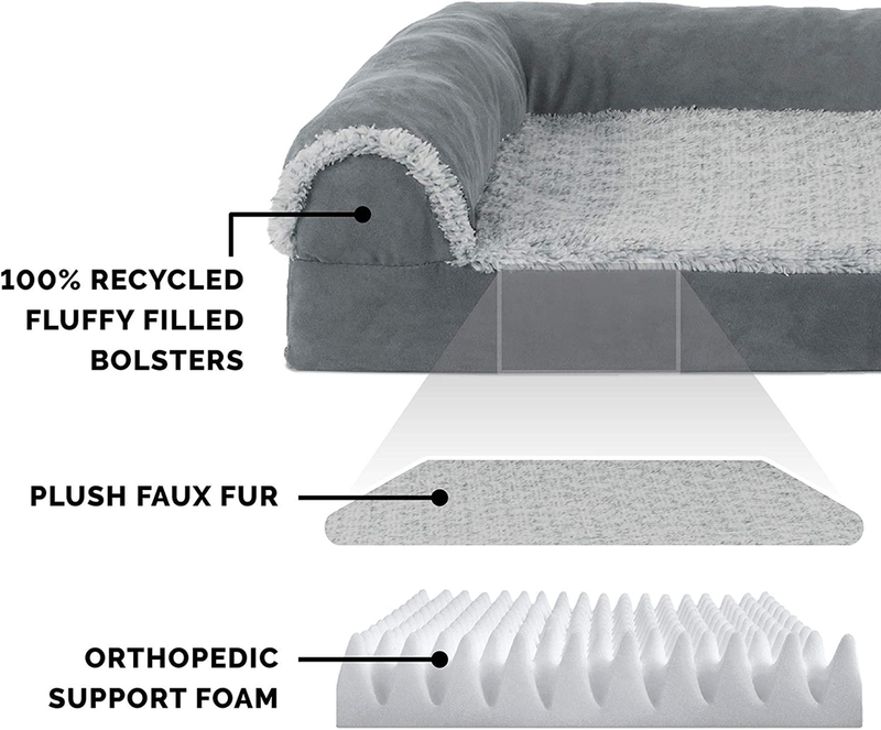 Furhaven Two-Tone Faux Fur & Suede L Shaped Chaise Egg Crate Orthopedic Foam Dog Bed - Stone Gray, Medium