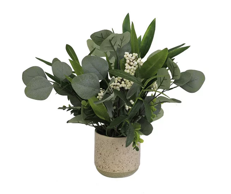 Green Artificial Eucalyptus & Olive Leaf Arrangement in Tan Speckled Pot