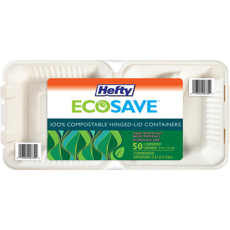 Hefty EcoSave 3-Compartment Take Out Plate Container (9" x 9", 50 ct.)