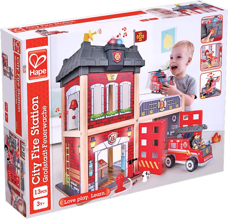 Hape Fire Station Playset Wooden Dollhouse Kid’s Toy, Stimulates Key Motor Skills And Promotes Team Play (E3023)