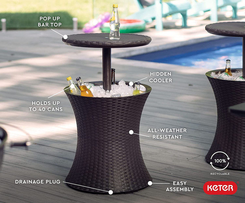 Keter Outdoor Household Essentials Furniture and Hot Tub Side Table with 7.5 Gallon Beer and Wine Cooler, Brown