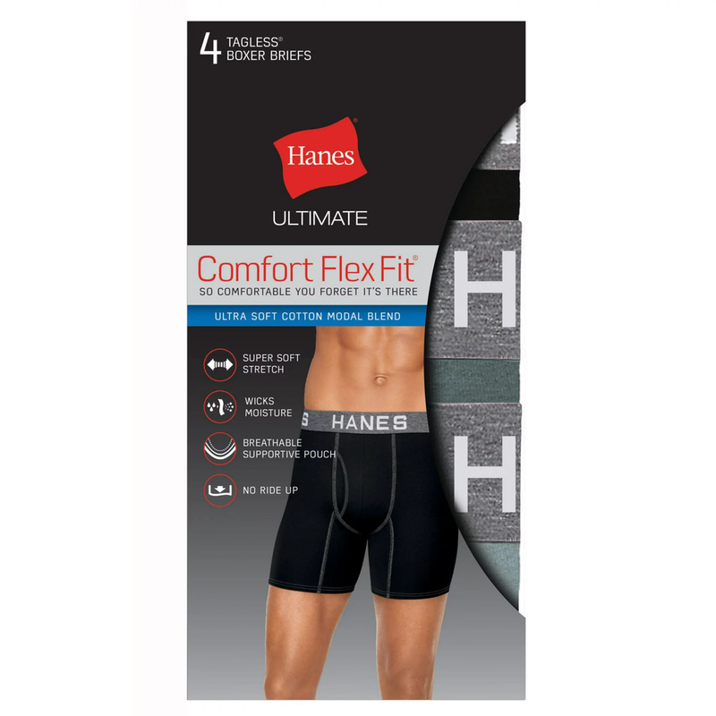 Hanes Ultimate Men's Comfort Flex Fit Ultra Soft Cotton Modal Blend Boxer Brief 4-Pack, Assorted