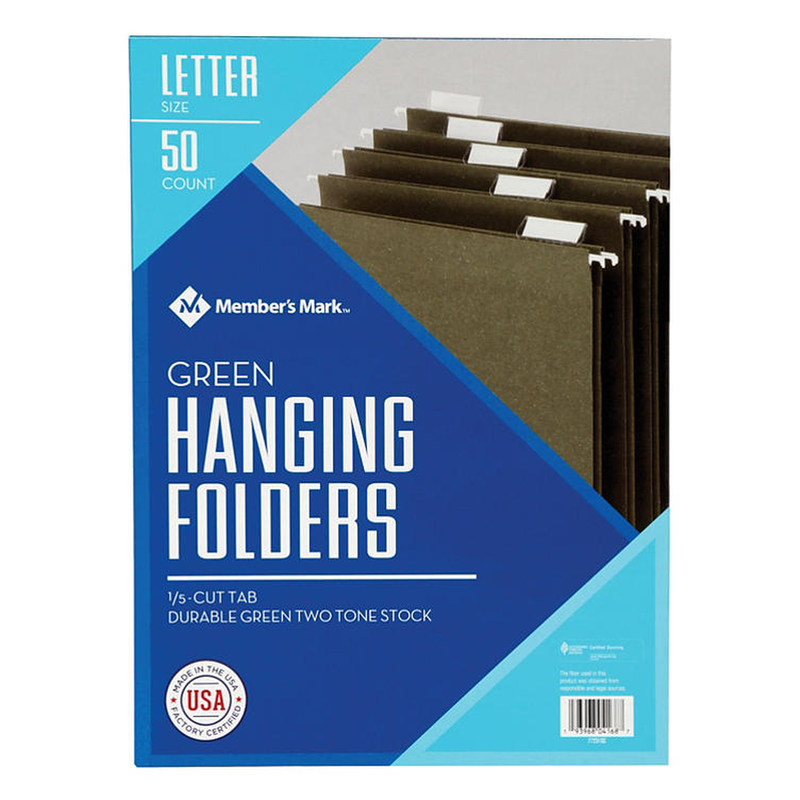 Member's Mark Hanging File Folders, Letter, 1/5-Cut Tabs, Green, 50/Box