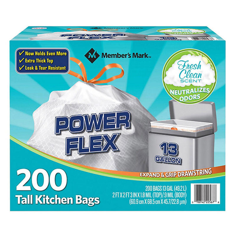 Member's Mark Power Flex Tall Kitchen Drawstring Trash Bags (13 gal., 200 ct.)