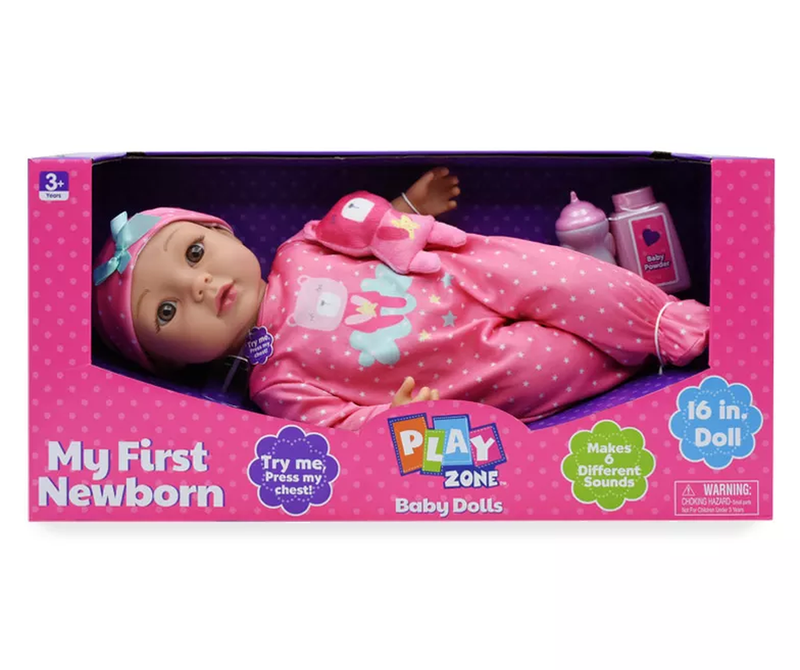 My First Newborn 16" Pink Bear Outfit Talking Baby Doll, Light Skin, Brown Eyes