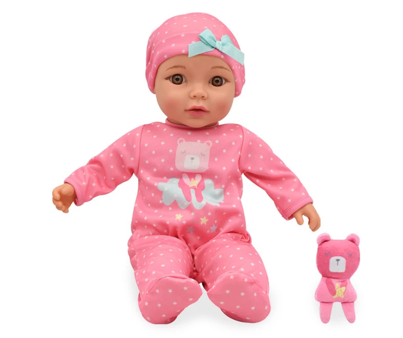 My First Newborn 16" Pink Bear Outfit Talking Baby Doll, Light Skin, Brown Eyes