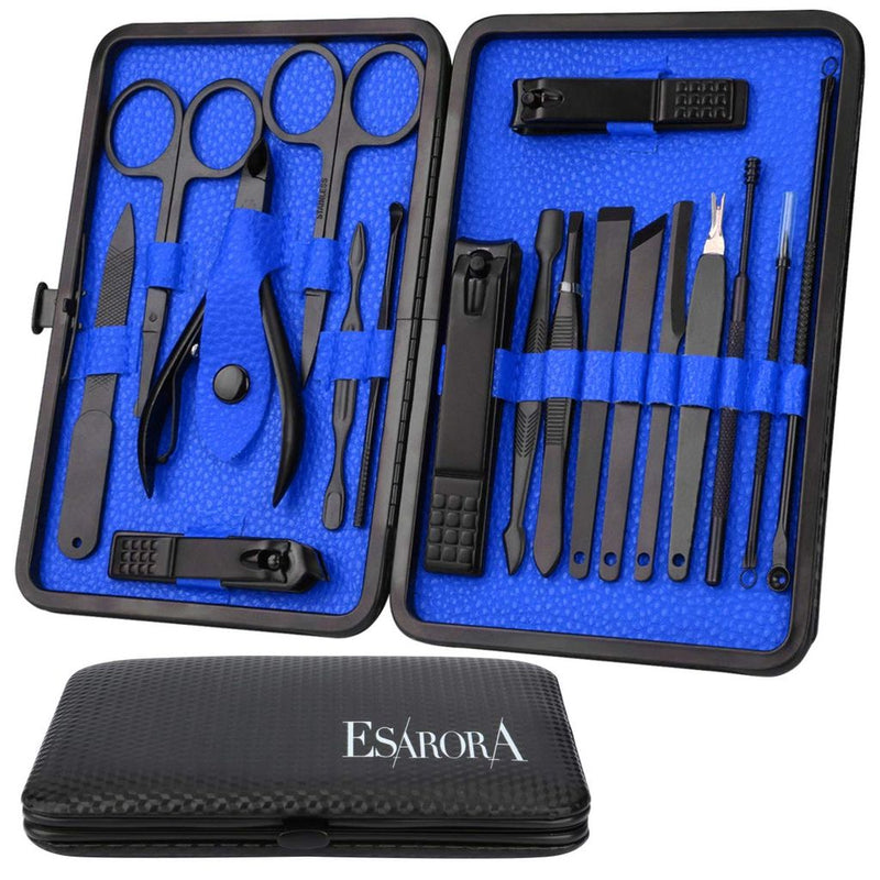 Manicure Set, ESARORA 18 In 1 Stainless Steel Professional Pedicure Kit Nail Scissors Grooming Kit with Black Leather Travel Case