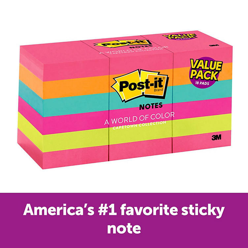 Post-it Notes Original Pads, 1.5" x 2", Capetown Color Collection, 18 Pads, 1800 Total Sheets