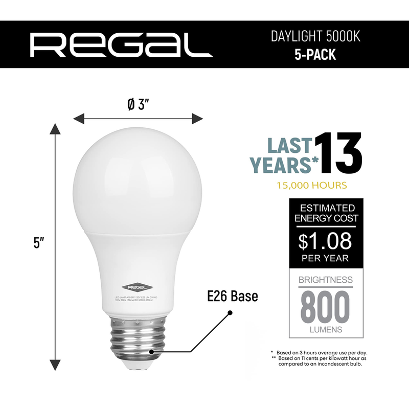 Regal LED A19 Light Bulb 5000K Daylight 800-Lumen