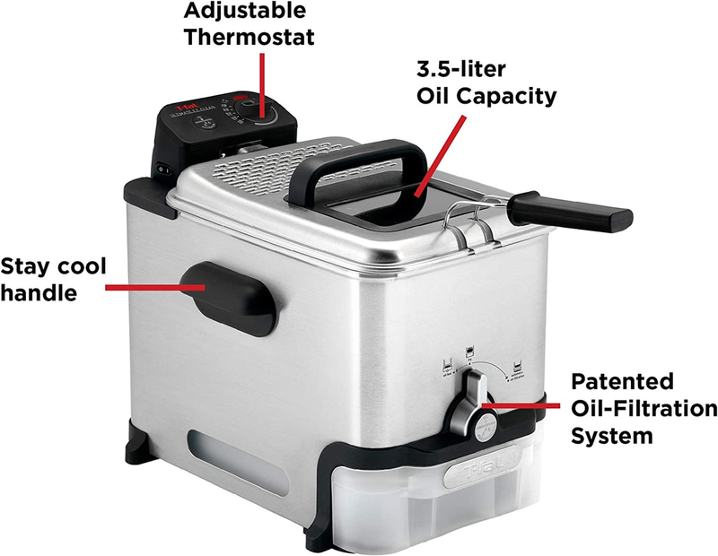 T-fal Deep Fryer with Basket, Stainless Steel, Easy to Clean Deep Fryer, Oil Filtration, 2.6-Pound, Silver, Model FR8000