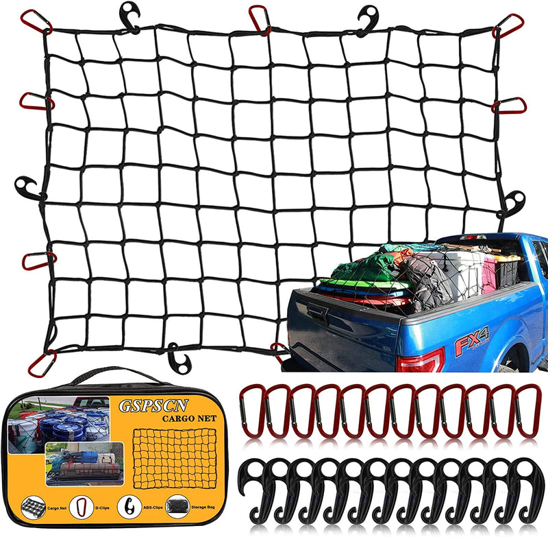 GSPSCN Cargo Net 3' x 4' for Truck Pickup Bed, Trailer ,Boat ,RV SUV Stretches to 8'x11' Max Roof Rack Net ,Small 4”x4” Mesh Heavy Duty Bungee Cord Net Compatible with Dodge Ram,Toyota,Chevy Ford