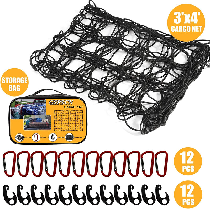 GSPSCN Cargo Net 3' x 4' for Truck Pickup Bed, Trailer ,Boat ,RV SUV Stretches to 8'x11' Max Roof Rack Net ,Small 4”x4” Mesh Heavy Duty Bungee Cord Net Compatible with Dodge Ram,Toyota,Chevy Ford