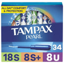 Tampax Pearl Tampons Trio Multipack, with LeakGuard Braid, Super/Super Plus/Ultra Absorbency, Unscented, 34 Count