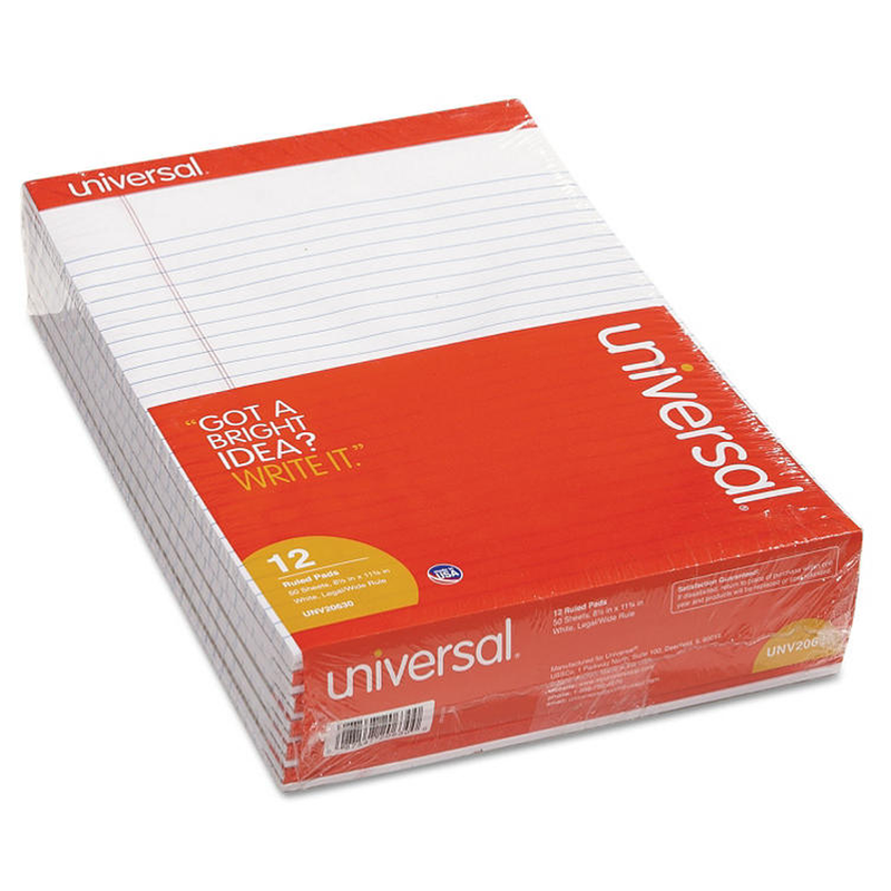 Universal® Perforated Edge Writing Pad, Legal Ruled, Letter, White, 50-Sheet Pads, 12ct.