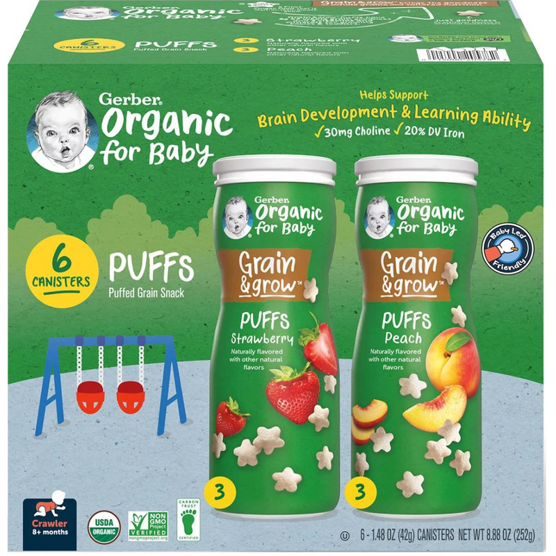 Gerber Organic Grain & Grow Cereal Puffs Variety Pack, Peach and Strawberry, 1.48 oz., 6 pk.