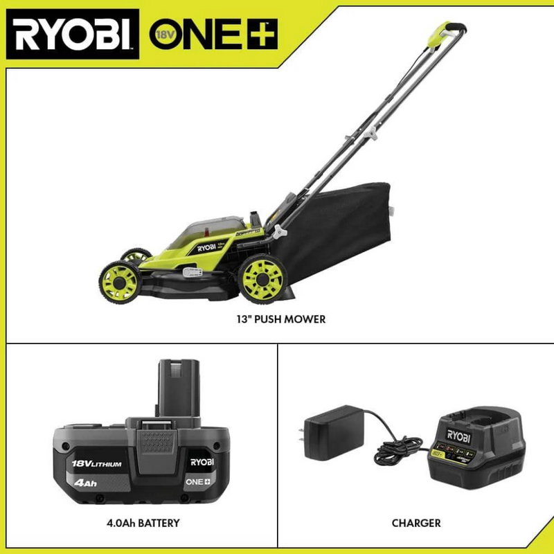 RYOBI ONE+ 18V 13 in. Cordless Battery Walk Behind Push Lawn Mower with 4.0 Ah Battery and Charger