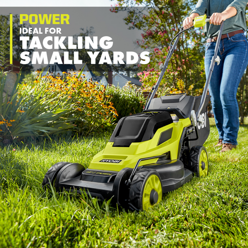 RYOBI ONE+ 18V 13 in. Cordless Battery Walk Behind Push Lawn Mower with 4.0 Ah Battery and Charger