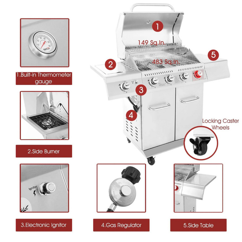 Nexgrill 4-Burner Propane Gas Grill in Stainless Steel with Side Burner