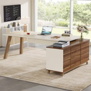 BYBLIGHT Lanita 71 in. L-Shaped White Wood 2-Drawer Executive Desk with 55 in. Cabinet Large Office Desk with Storage Shelves