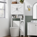 Homhedy Over The Toilet Storage Cabinet with 2 Barn Door and Toilet Paper Holder Stand, FreeStanding Toilet Shelf Space Saver, for Bathroom, Restroom, Laundry, White