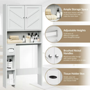 Homhedy Over The Toilet Storage Cabinet with 2 Barn Door and Toilet Paper Holder Stand, FreeStanding Toilet Shelf Space Saver, for Bathroom, Restroom, Laundry, White