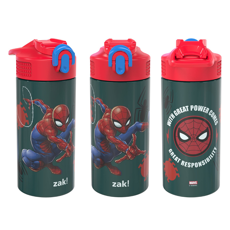 Zak Designs Antimicrobial 14oz Stainless Steel Vacuum insulated Kids Riverside Bottle, 2-Piece Set-Spiderman