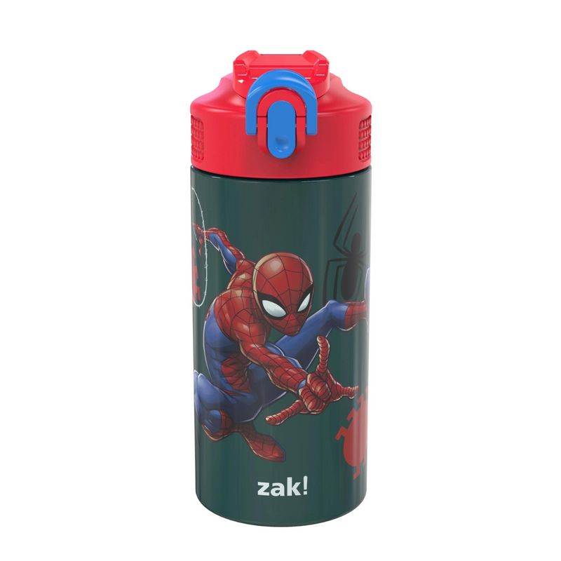 Zak Designs Antimicrobial 14oz Stainless Steel Vacuum insulated Kids Riverside Bottle, 2-Piece Set-Spiderman