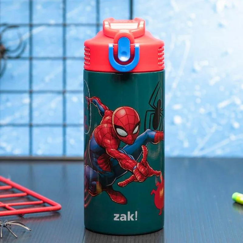 Zak Designs Antimicrobial 14oz Stainless Steel Vacuum insulated Kids Riverside Bottle, 2-Piece Set-Spiderman