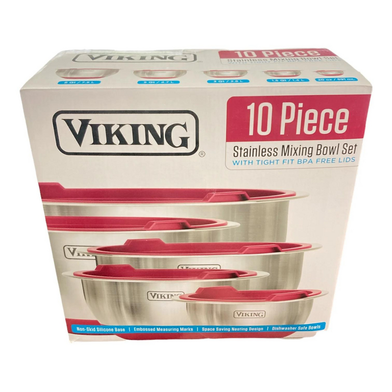 Viking 10 pc Stainless Steel Mixing, Prep, & Serving Bowl Set-Red