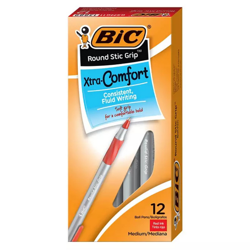 BIC Round Stic Grip Xtra Comfort Ballpoint Pen, Red Ink, 1.2mm, Medium, 12ct.