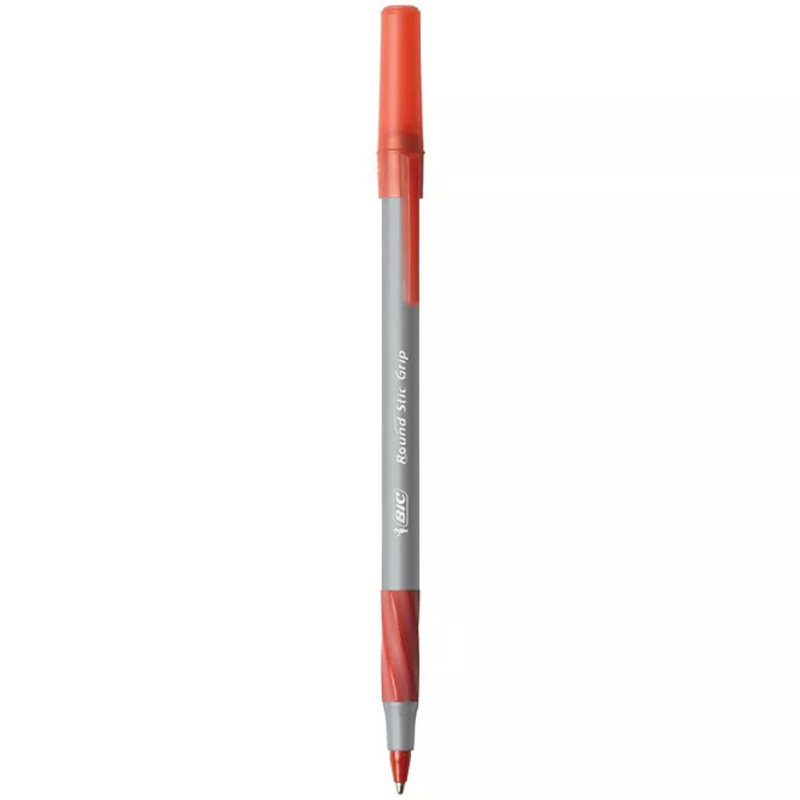 BIC Round Stic Grip Xtra Comfort Ballpoint Pen, Red Ink, 1.2mm, Medium, 12ct.