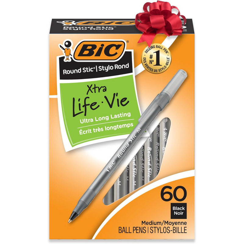 BIC Round Stic Xtra Life Ballpoint, 1mm, Medium, Black, 60ct.