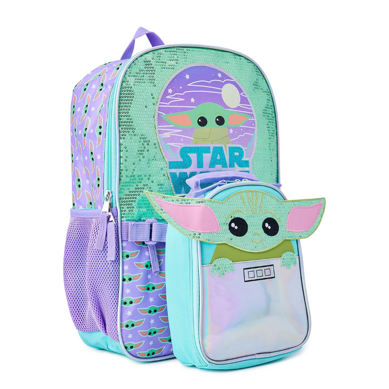 Star Wars Mandalorian Baby Yoda Girls 17" Laptop Backpack 2-Piece Set with Lunch Tote Bag, Purple Green