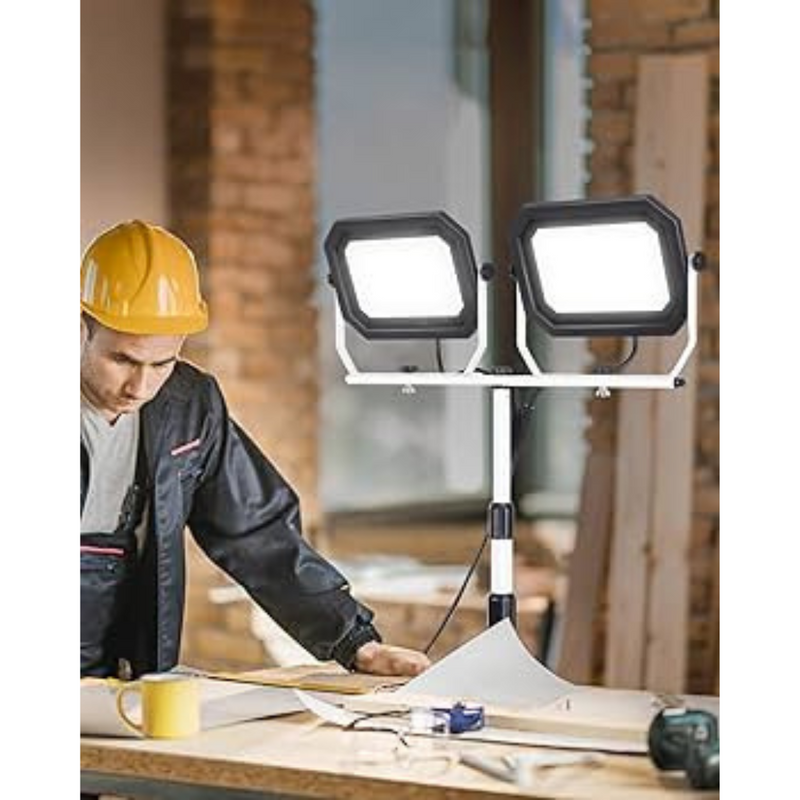 UFOND 20000 Lumen Work Lights with Stand, 200W Dual Head LED Work Light, Waterproof Lamp with Individual Switch, Adjustable Metal Telescoping Tripod 10Ft Power Cord