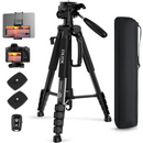 ZIKZOK 75" Camera Tripod for Cell Phone, Travel Tripod for Camera with Wireless Remote, Heavy Duty Camera Stand Tripod for DSLR/SLR/DV/GoPro (Black)