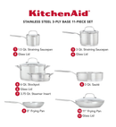 Kitchen Aid 3 Ply Base Stainless Steel 11 Piece Cookware Set Brushed Stainless Steel