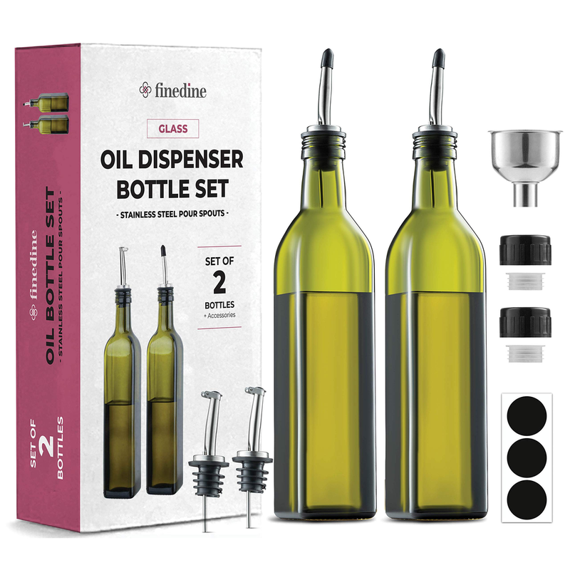 FineDine Glass Oil & Vinegar Dispenser Set with Funnel, Spouts & Labels