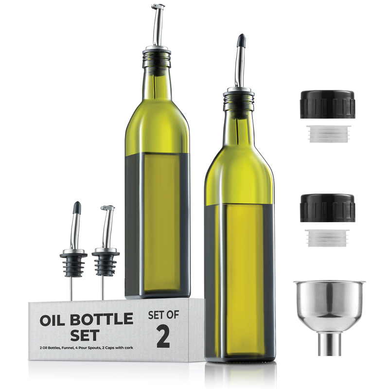 FineDine Glass Oil & Vinegar Dispenser Set with Funnel, Spouts & Labels